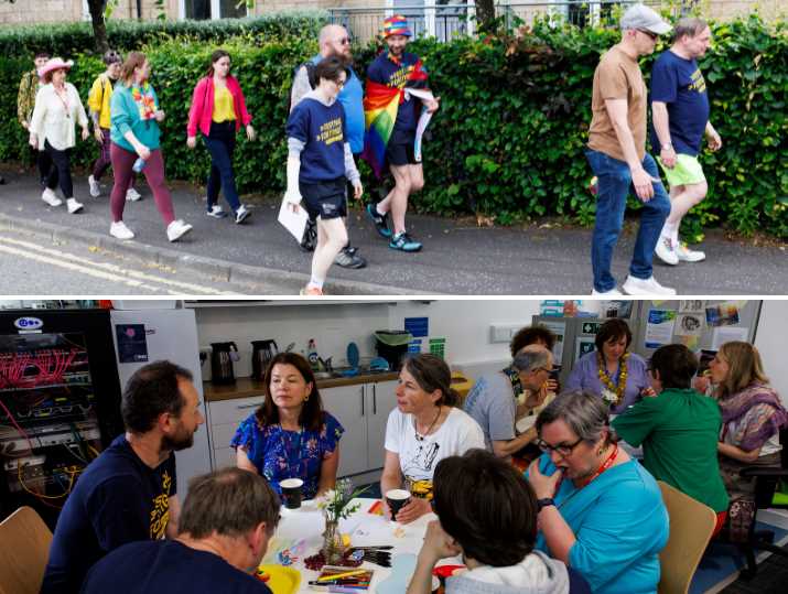 Two images, with the top showing a large group of people in colourful clothing walking a pavement, and bottom, groups of people at tables talking.