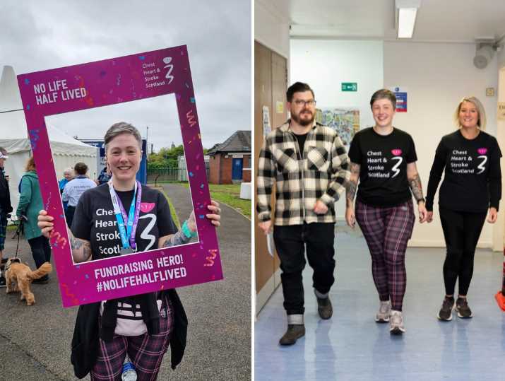 Left, Jacqueline Kent at Chest Heart & Stroke Scotland in a Kiltwalk photo frame, and right, walking with colleagues at work.