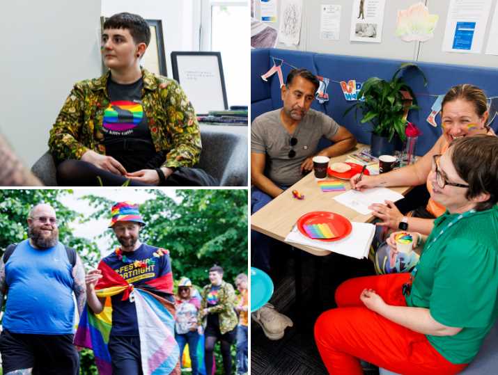 A ontage of images showing people in colourful clothing walking, talking and smiling during the June 2024 Festival Fortnight Rainbow Walk and Conversation Cafe.