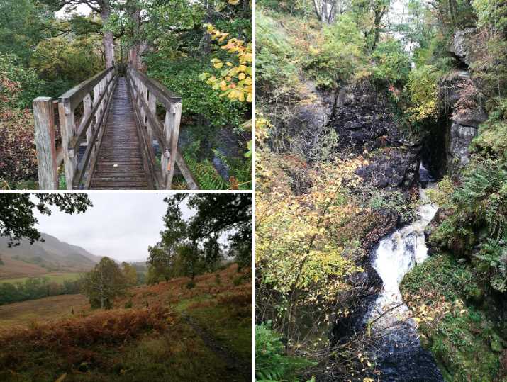 A montage of three images showing a wooden walkway through thick woodland, the view over Glen Lednock and a tumbling river down a steep and lush gorge.