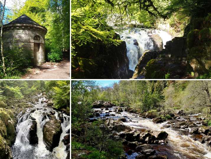 A montage of four images showing the thick, vibrant woodland and tumbling waterfalls of the Hermitage near Dunkeld, and the stone Ossian'shall nestled in the trees.