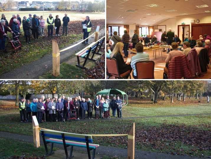 A montage of images showing participants of a Health Walk group in Kemnay enjoying a community launch event.