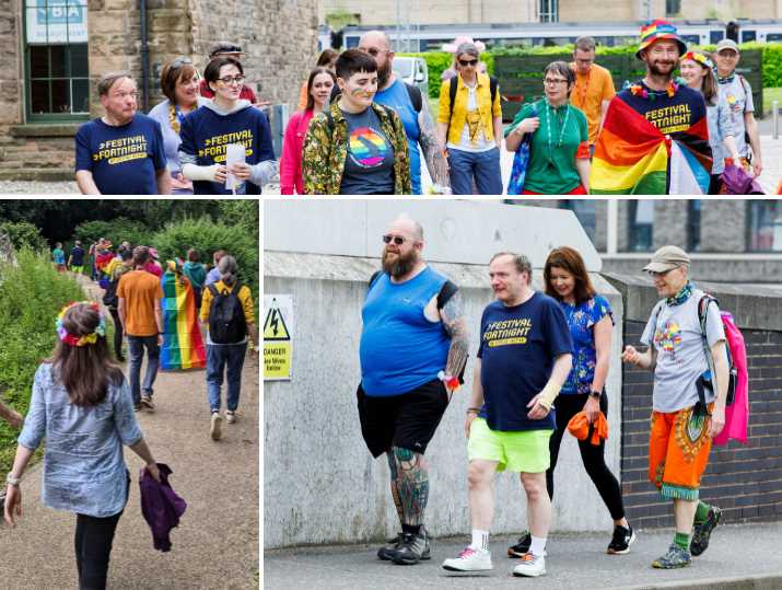 Participants in colourful clothing talk and smile as they enjoy a Rainbow Walk.