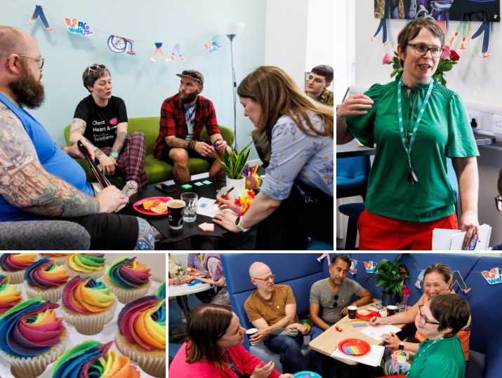 Participants sit around tables during a Conversation Café as part of the Rainbow Walk.