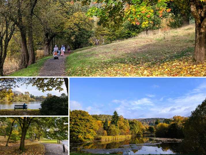 A montage of images showing groups of people enjoying a self-guided walk around the University of Stirling campus, alongside images of the loch and woodlands.