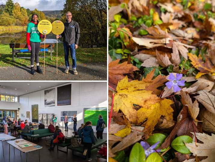 A montage of images showing volunteers and attendees at the Science of Steps event both within the Crush Hall, Pathfoot building, and around the loch route.