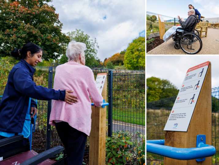 With support from staff, patients at Tay Ward take part in Strength and Balance movements using newly installed posts.