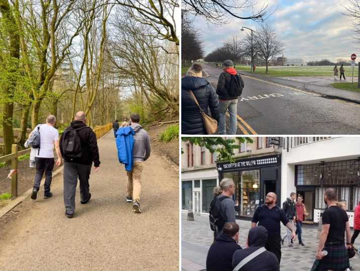 A montage of images showing Tommy walking with groups of people during Health Walks he delivers, with images showing the group walking along paths through woodland, at Glasgow Green and in the city centre.