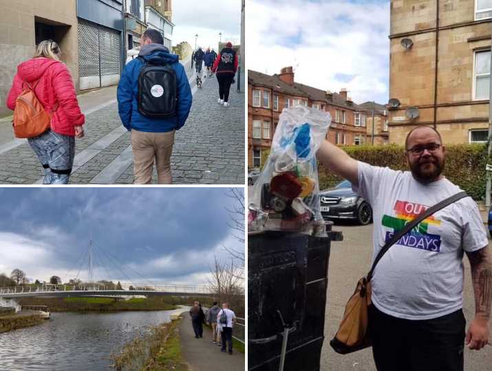 A montage of images showing groups of people enjoying led Health Walks around Glasgow, including the city centre and along the canal and paths of Claypits Nature Reserve. Right, Tommy in an OUT on Sundays branded t-shirt holds up a bag of litter collected during a walk.